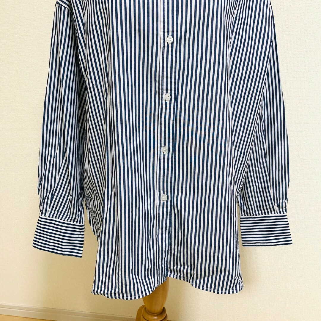 アプレジュール　長袖シャツ　F　ブルー　ホワイト　ストライプ　綿100% レディースのトップス(シャツ/ブラウス(長袖/七分))の商品写真