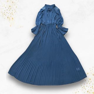 極美品　ワンピース　ロング　プリーツ　レース　ボウタイ　フリル　インナー付き(ロングワンピース/マキシワンピース)