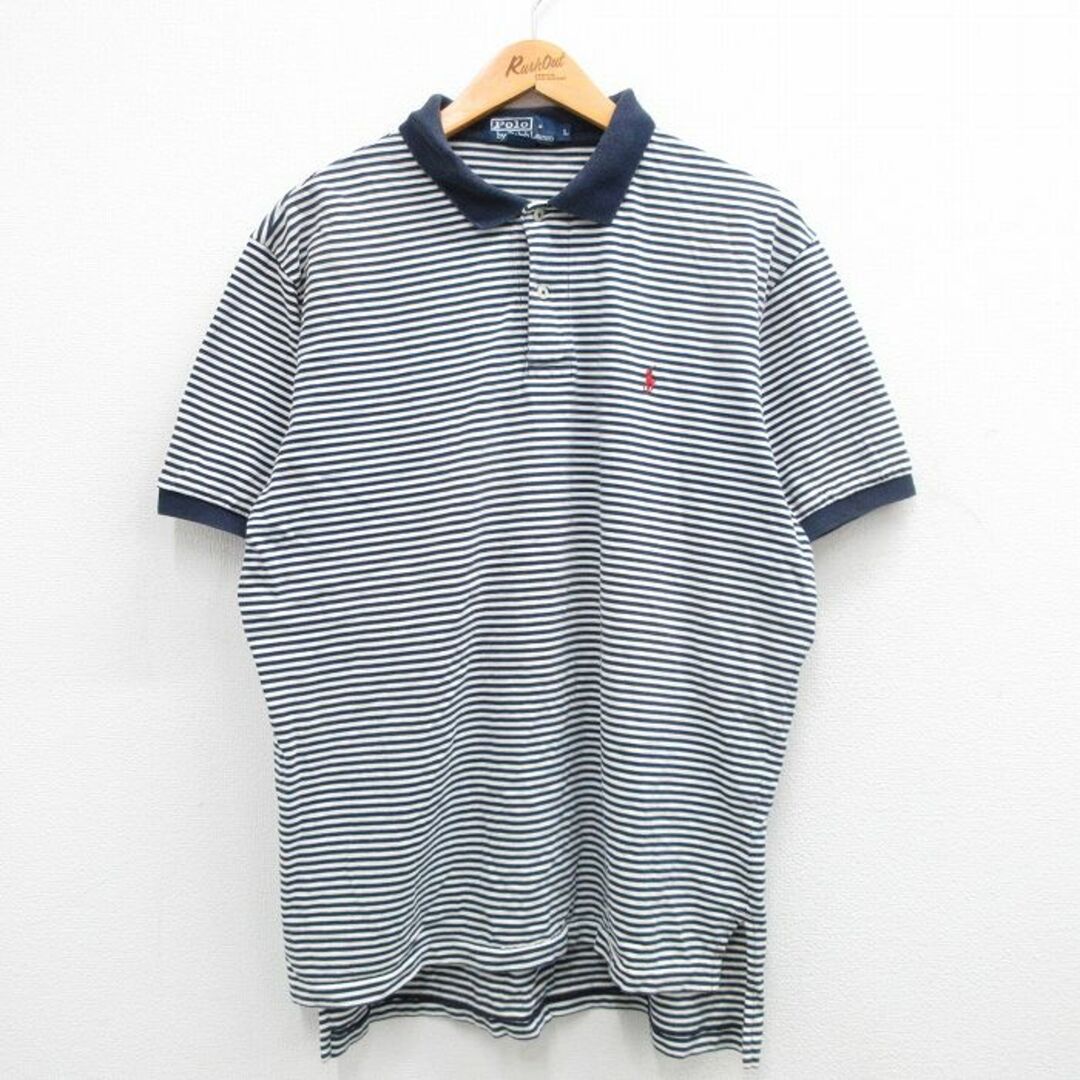 Ralph Lauren(ラルフローレン)のXL★古着 ラルフローレン Ralph Lauren 半袖 ブランド ポロ シャツ メンズ 90年代 90s ワンポイントロゴ コットン 紺他 ネイビー ボーダー 24apr02 中古 トップス メンズのトップス(ポロシャツ)の商品写真