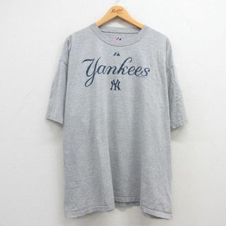 マジェスティック(Majestic)のXL★古着 マジェスティック 半袖 ビンテージ Tシャツ メンズ 00年代 00s MLB ニューヨークヤンキース 大きいサイズ クルーネック グレー 霜降り メジャーリーグ ベースボール 野球 24apr02 中古(Tシャツ/カットソー(半袖/袖なし))