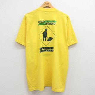 フルーツオブザルーム(FRUIT OF THE LOOM)のXL★古着 フルーツオブザルーム 半袖 ビンテージ Tシャツ メンズ 90年代 90s MASS HIGHWAY 大きいサイズ クルーネック USA製 黄 イエロー 24apr02 中古(Tシャツ/カットソー(半袖/袖なし))