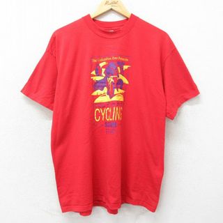 フルーツオブザルーム(FRUIT OF THE LOOM)のXL★古着 フルーツオブザルーム 半袖 ビンテージ Tシャツ メンズ 90年代 90s 自転車 サイクリング サファリ 企業広告 コットン クルーネック 赤 レッド 24apr02 中古(Tシャツ/カットソー(半袖/袖なし))