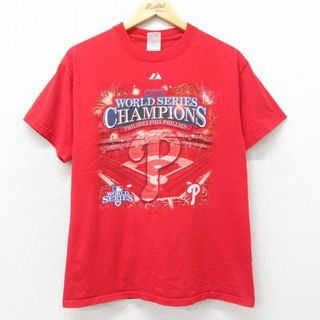 フィラ(FILA)のM★古着 半袖 ビンテージ Tシャツ メンズ 00年代 00s MLB フィラデルフィアフィリーズ ワールドシリーズ コットン クルーネック 赤 レッド メジャーリーグ ベースボール 野球 24apr02 中古(Tシャツ/カットソー(半袖/袖なし))