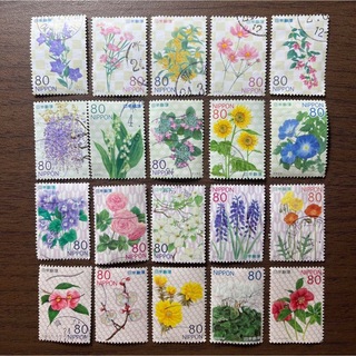 日本の古切手　美しい四季の花 カラー　20枚(使用済み切手/官製はがき)