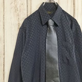 【同系色ネクタイ付 長袖シャツ】総柄 ネクタイシャツ L グレー 古着(シャツ)