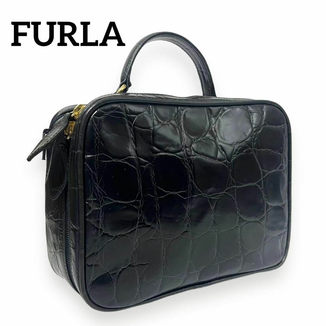 Furla(フルラ)の✨希少✨ フルラ ハンドバッグ ミニ バニティ クロコ 型押し ネイビー 289 レディースのバッグ(ハンドバッグ)の商品写真