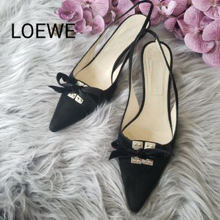 ロエベ(LOEWE)のLOEWE スエード ベルベットリボン付き  パンプス ブラック 37ハーフ(ハイヒール/パンプス)