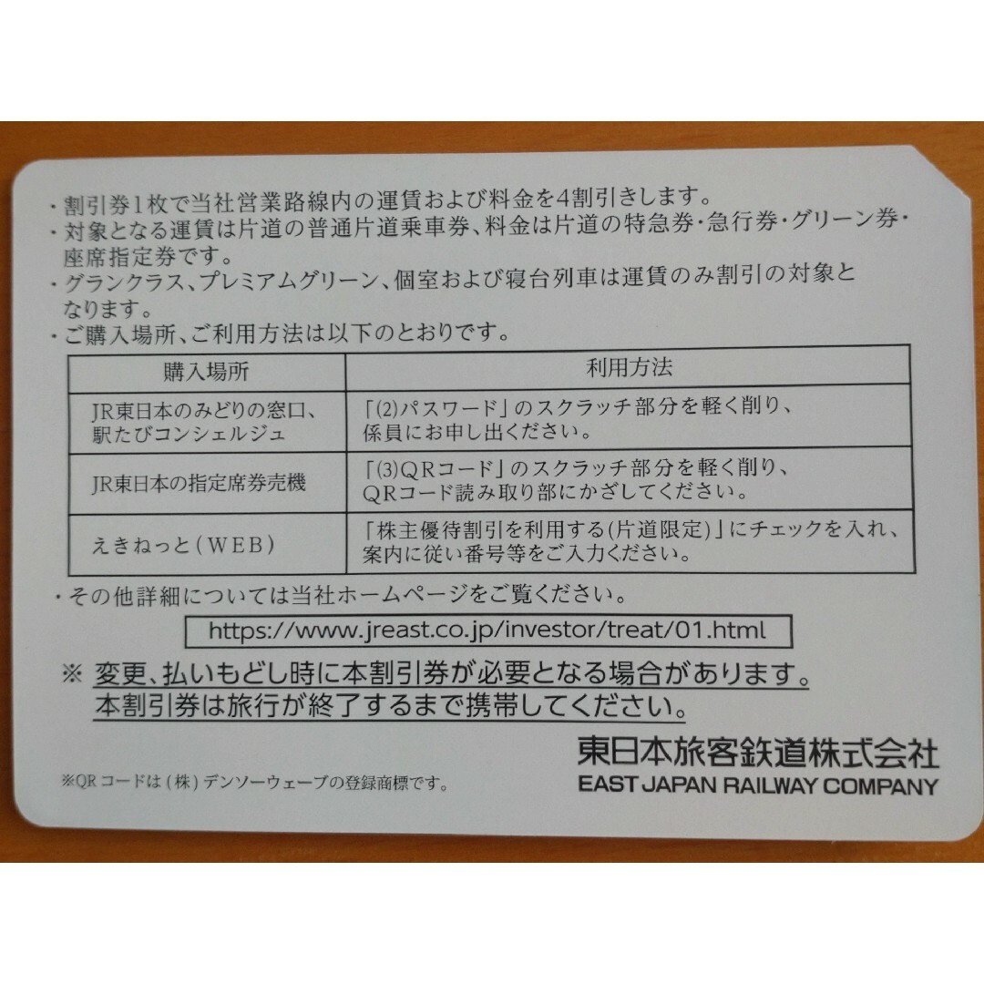 JR東日本株主優待割引券　４割引✕４枚 チケットの優待券/割引券(その他)の商品写真