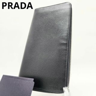 プラダ(PRADA)の美品 プラダ 大判長財布 オーガナイザー サフィアーノ ロゴ ラウンドジップ 黒(長財布)