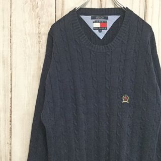 トミーヒルフィガー(TOMMY HILFIGER)の【トミーヒルフィガー コットンニット】ケーブル編み 2XL ネイビー 古着(ニット/セーター)