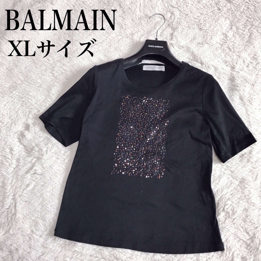 BALMAIN(バルマン)の美品 BALMAIN バルマン スパンコール 半袖 カットソー Tシャツ 黒 レディースのトップス(Tシャツ(半袖/袖なし))の商品写真