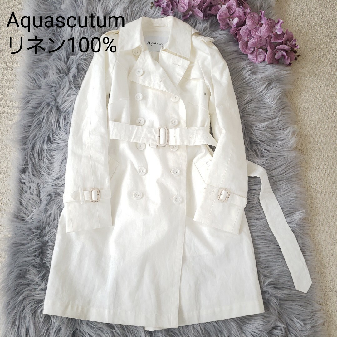 AQUA SCUTUM(アクアスキュータム)のAquascutumリネン100% トレンチコート アイボリー ホワイト レディースのジャケット/アウター(トレンチコート)の商品写真