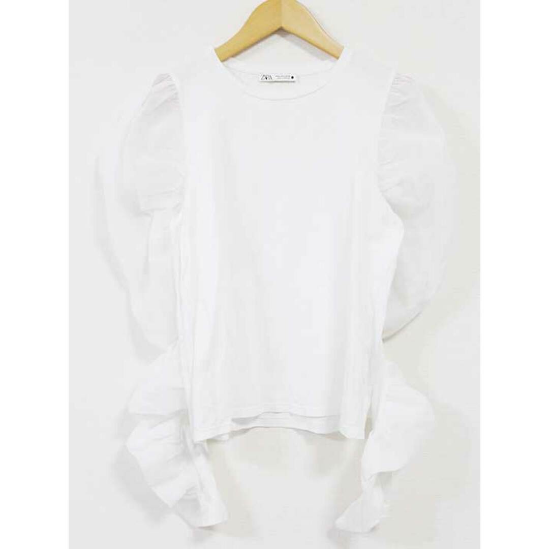 ZARA(ザラ)の【春物 新入荷】☆ZARA/ザラ☆袖切替カットソー/カットソー/Tシャツ/ロンＴ/長袖/クルーネック/シースルー袖/無地 ホワイト/白 レディース M【中古】春夏 923042 レディースのトップス(Tシャツ(半袖/袖なし))の商品写真