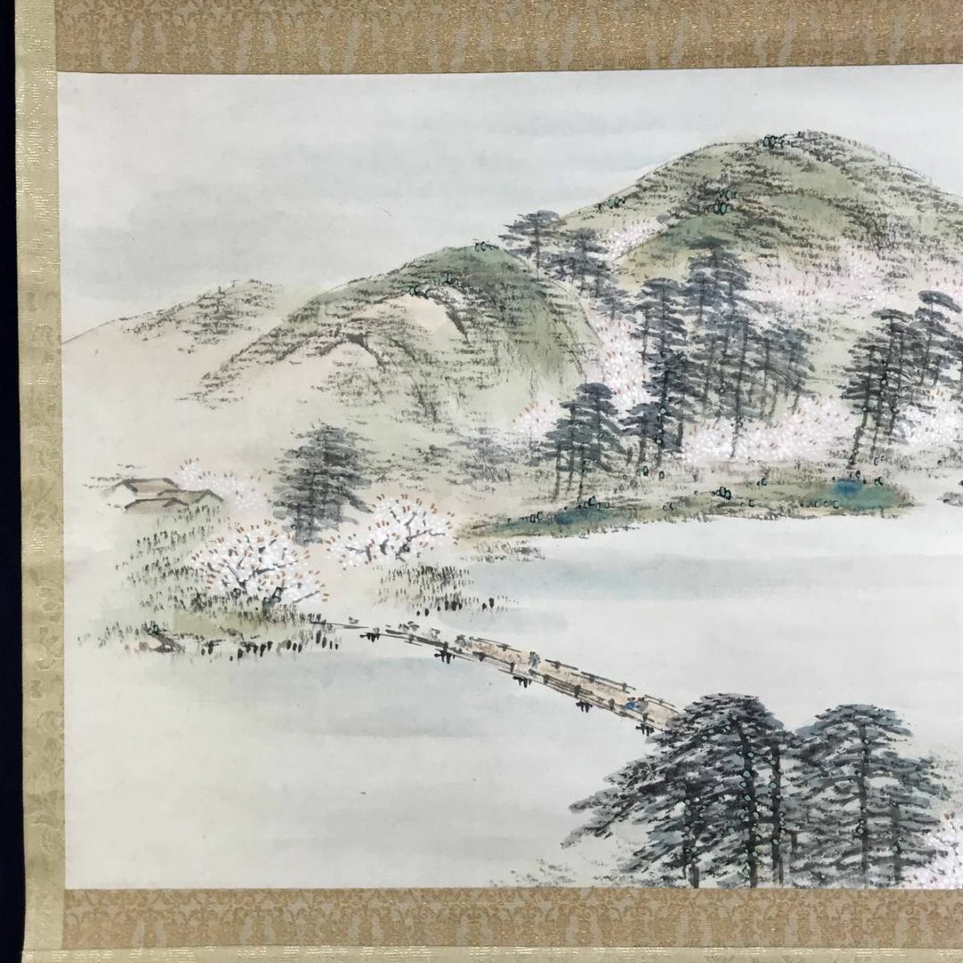 真作/中村梅庭/嵐山春景図/山水図/横物/掛軸☆宝船☆AD-813の 真作/中村梅庭/嵐山春景図/山水図/横物/掛軸☆宝船☆AD-813の