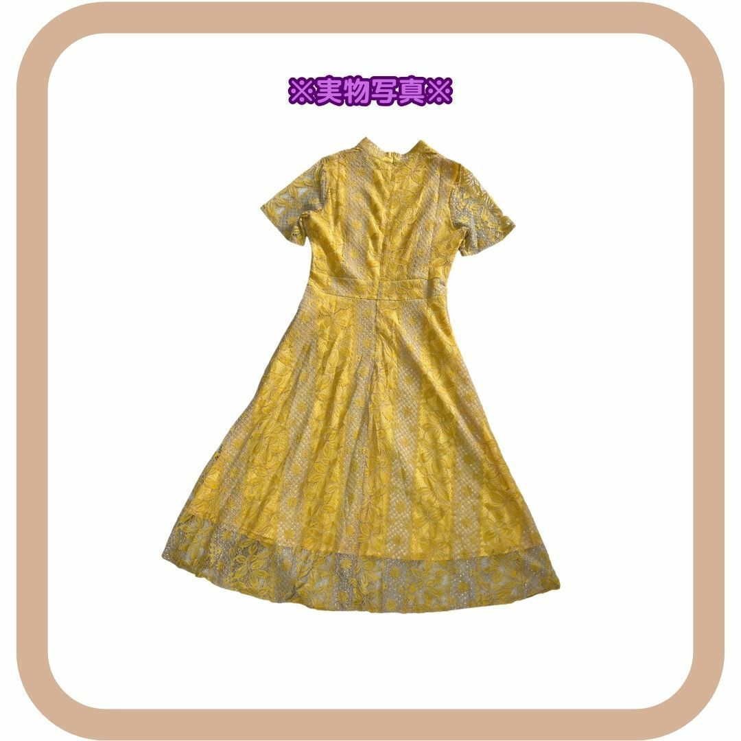 黄色XL 総レース ドレスワンピースフレア 半袖 結婚式 お呼ばれ 上品華やか レディースのフォーマル/ドレス(ミディアムドレス)の商品写真