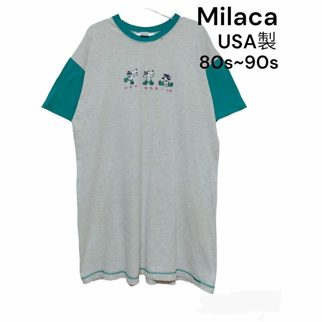 Milaca　USA製　80s~90s　Tシャツワンピ　犬　古着　半袖 レディースのトップス(Tシャツ(半袖/袖なし))の商品写真