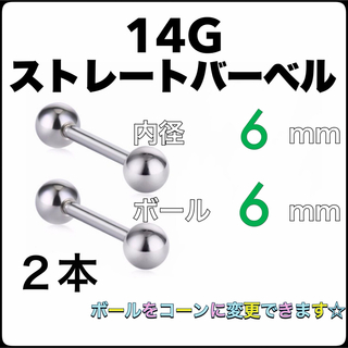 14G ストレートバーベル ピアス 2本【6×6】(ピアス)