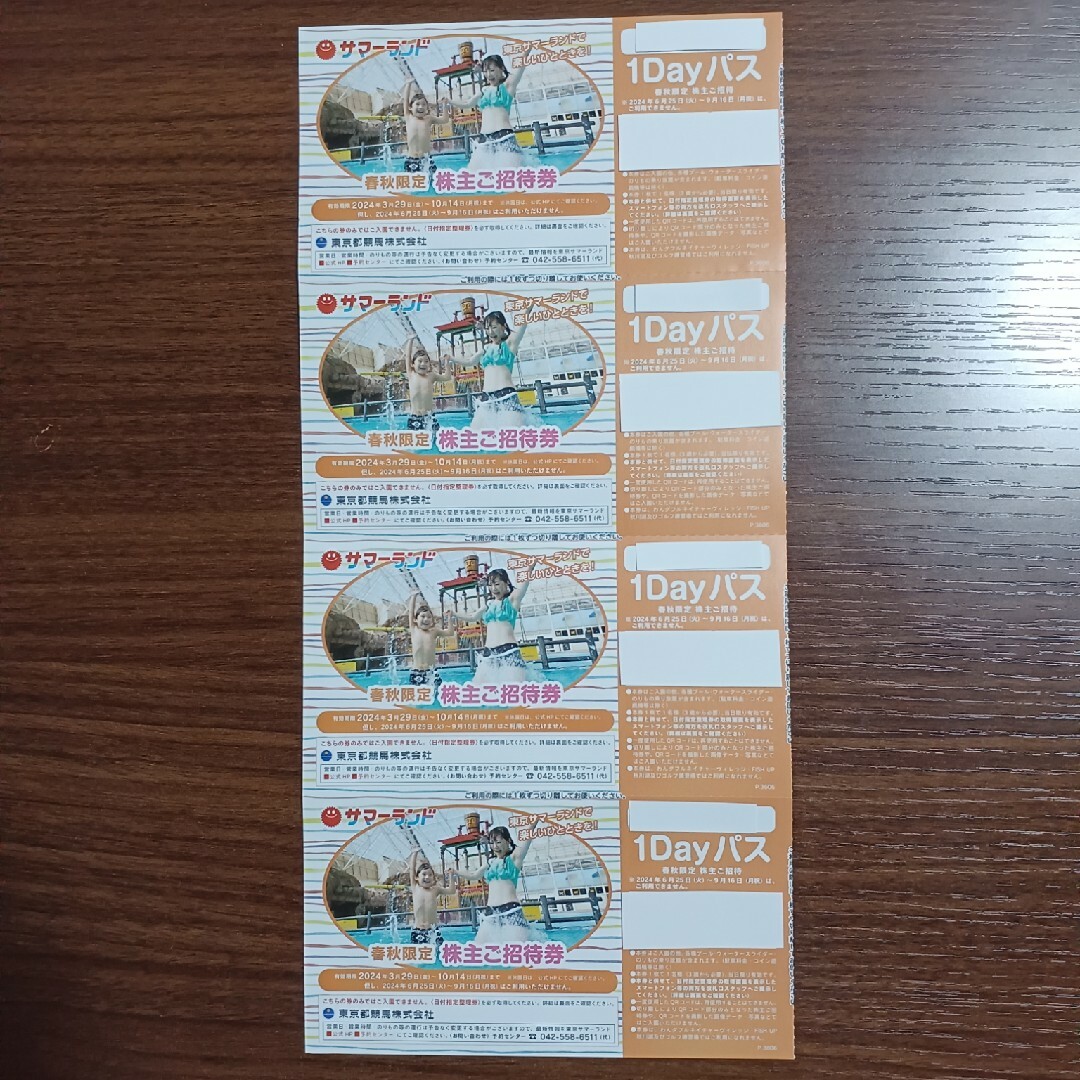 東京サマーランド　春秋限定　1Dayパス　4枚 チケットの優待券/割引券(その他)の商品写真