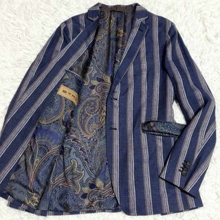 エトロ(ETRO)の極美品 2XL エトロ シルク リネン ジャケット 紺 ストライプ ペイズリー柄(テーラードジャケット)