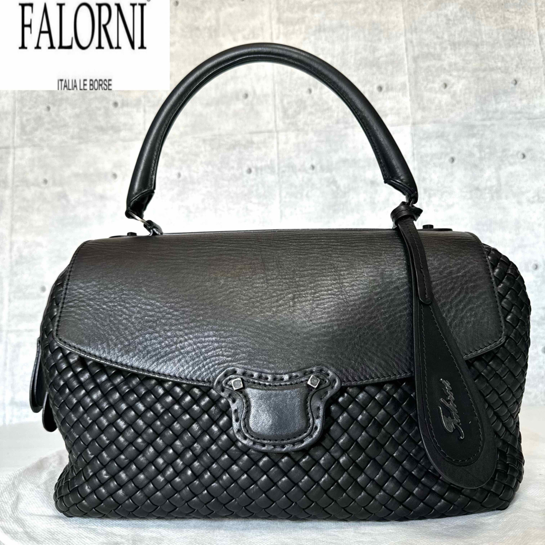 良品】FALORNI イントレチャート BLACK レザーF701ハンドバッグ 良品】FALORNI イントレチャート BLACK レザーF701ハンドバッグ