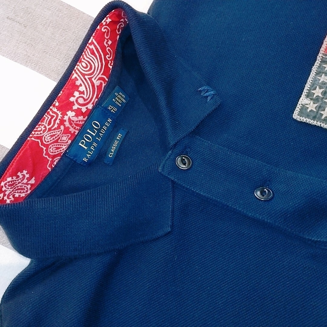 POLO RALPH LAUREN(ポロラルフローレン)のポロラルフローレン　ポロシャツ　US XL ネイビー　ダメージ加工　ヴィンテージ レディースのトップス(ポロシャツ)の商品写真