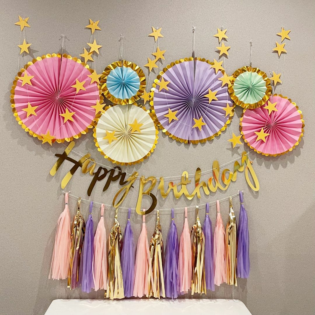誕生日 飾り付け 壁飾り ペーパーファン ガーランド パーティー レインボー ハンドメイドのパーティー(その他)の商品写真