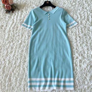 クレージュ(Courreges)のクレージュ　襟付きサマーニットワンピ　レトロ　ヴィンテージ　水色(ひざ丈ワンピース)