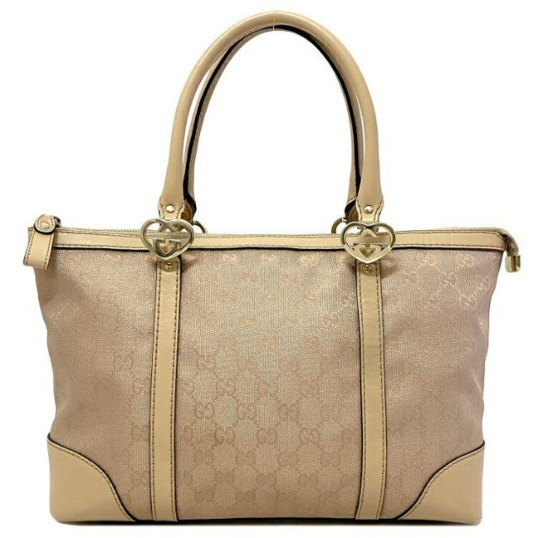 Gucci(グッチ)のグッチ トートバッグ ピンク ベージュ ラメ ラブリー 257069 GG キャンバス レザー 中古 GUCCI ロゴ インターロッキング ハート 肩掛け ファスナー 総柄 定番 人気 レディース トート バッグ キャンバストート レディースのバッグ(ハンドバッグ)の商品写真