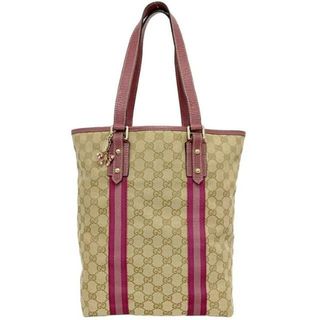 グッチ(Gucci)のグッチ トートバッグ ベージュ ピンク シェリー 162899 チャーム付 キャンバス レザー 中古 GUCCI ホースビット GG 総柄 肩掛け ヴィンテージ 軽量 ロゴ バタフライ ブランド 女性 レディース シンプル 定番 人気(トートバッグ)