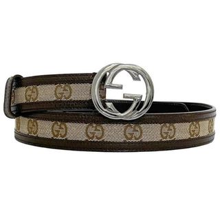 グッチ(Gucci)のグッチ ウエスト ベルト ブラウン ベージュ シルバー インターロッキング 114874 美品 キャンバス レザー 中古 GUCCI GG 30mm ロゴ 総柄 ロゴバックル アパレル 定番 人気 通勤 通学 ビジネス カジュアル(ベルト)