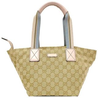 グッチ(Gucci)のグッチ ハンドバッグ ベージュ ピンク ブルー 131228 美品 キャンバス レザー 中古 GUCCI トートバッグ 軽量 GG ロゴ ヴィンテージ 定番 人気 総柄 パステル レディース マチ有 ミニトート お洒落 高級感 上品(ハンドバッグ)