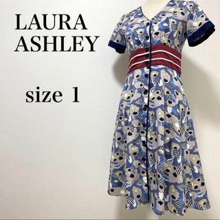 ローラアシュレイ(LAURA ASHLEY)の美品　ローラアシュレイ　レトロ柄　シャツワンピース　Aライン　フレア　切替(ひざ丈ワンピース)