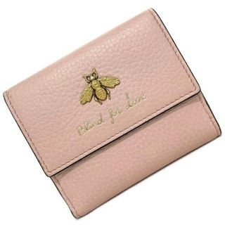 グッチ(Gucci)のグッチ 三つ折り 財布 ピンク アニマリエ 523190 美品 レザー 中古 GUCCI コンパクト ビー ハチ メタルビー Bee 定番 レディース 三つ折り財布 女性 コンパクトウォレット 革 ゴールド金具 ホック 小銭入れ有 無地(財布)