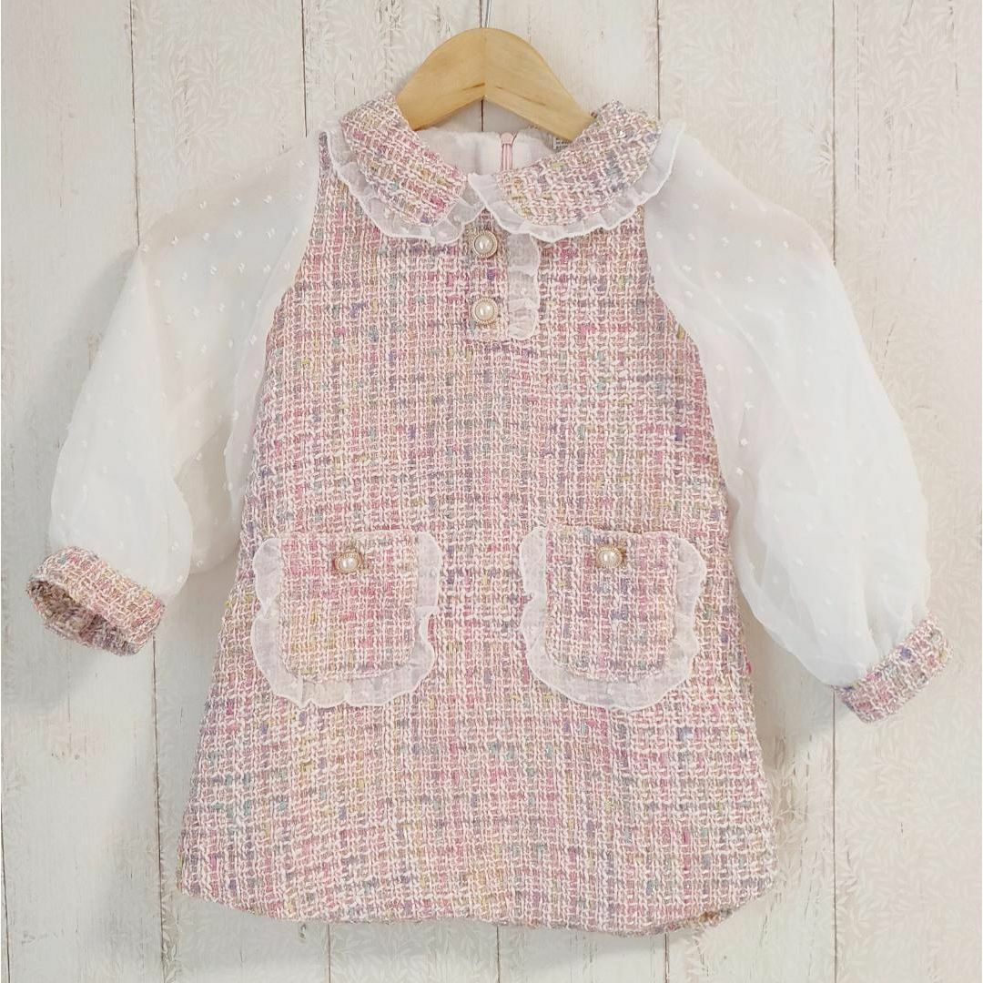 新品　ツイード風　ワンピース　キッズ　110　ピンク　女の子　フリル　子供 キッズ/ベビー/マタニティのキッズ服女の子用(90cm~)(ワンピース)の商品写真