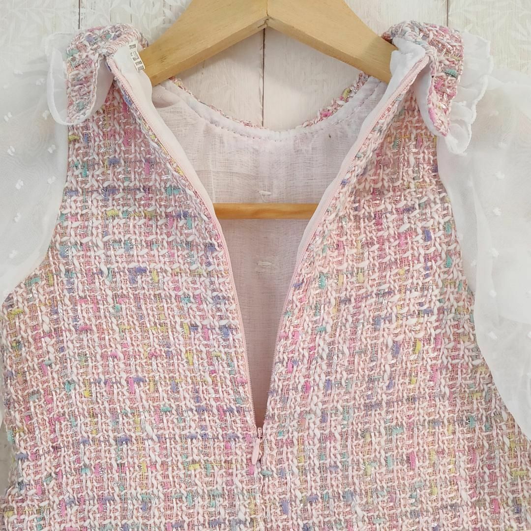 新品　ツイード風　ワンピース　キッズ　110　ピンク　女の子　フリル　子供 キッズ/ベビー/マタニティのキッズ服女の子用(90cm~)(ワンピース)の商品写真