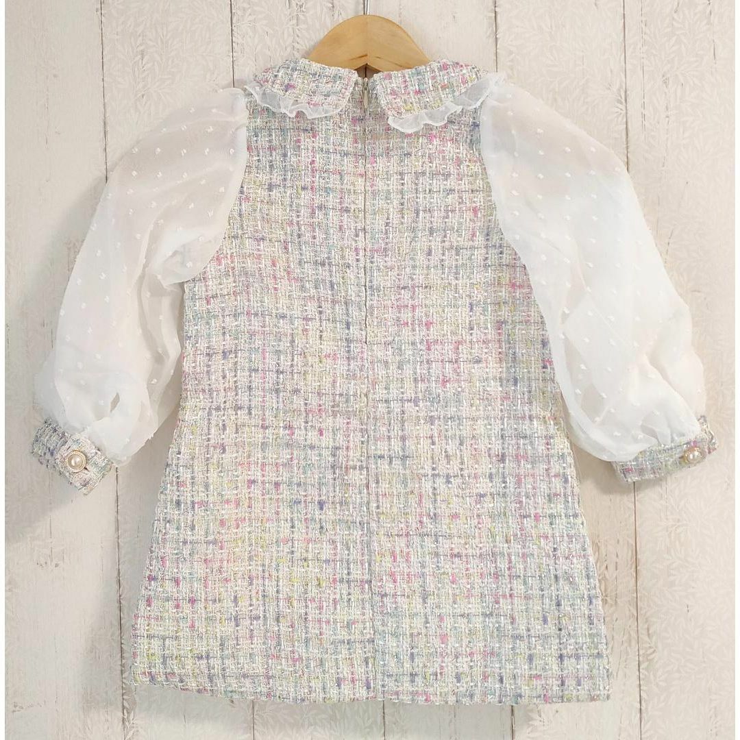 新品　ツイード風　ワンピース　キッズ　110　ホワイト　女の子　フリル　子供 キッズ/ベビー/マタニティのキッズ服女の子用(90cm~)(ワンピース)の商品写真