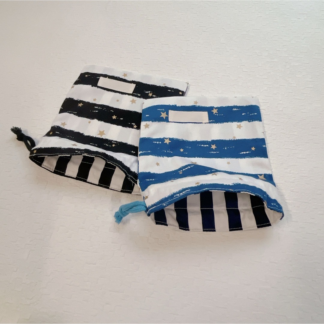 コップ袋 ミニ巾着 男の子 女の子 宇宙 星柄 ボーダー 黒 青 ハンドメイドのキッズ/ベビー(外出用品)の商品写真