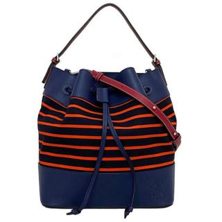 ロエベ(LOEWE)のロエベ 巾着 バッグ ミッドナイト ストライプ ネイビー ブラック オレンジ ボルドー 327.35.R99 美品 キャンバス カーフ レザー 中古 LOEWE 2way 巾着バッグ ショルダー レア ハンドバッグ 肩掛け 斜め掛け(ハンドバッグ)