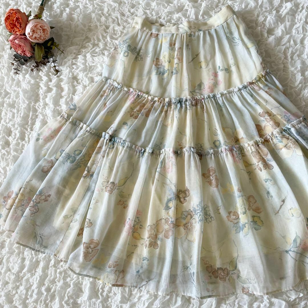 VINTAGE(ヴィンテージ)のUSAヴィンテージ　シフォン　ティアードスカート　花柄　水彩　フラワープリント レディースのスカート(ロングスカート)の商品写真