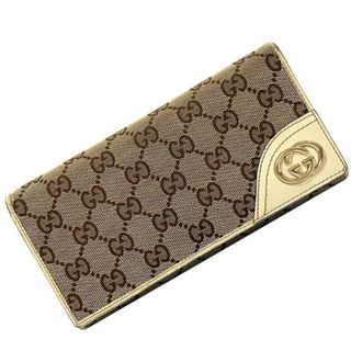 グッチ(Gucci)のグッチ 二つ折り 長財布 ベージュ ホワイト ブラウン ゴールド ニューブリット 204836 GG 財布 キャンバス レザー 中古 GUCCI 白 茶色 インターロッキング 折り財布 ヴィンテージ ファスナー 小銭入れ有 定番 人気(財布)