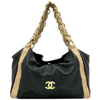 シャネル(CHANEL)のシャネル チェーン トートバッグ ブラック ベージュ ゴールド ココマーク レザー ラムスキン 中古 7番台 CHANEL 黒 ビッグチェーン バイカラー シンプル ヴィンテージ ソフトレザー 肩掛け ロゴ ワンポイント 定番 人気(トートバッグ)