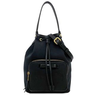 プラダ(PRADA)のプラダ 2way バケット バッグ ブラック ゴールド NERO 1BH097 巾着 ジャガード キャンバス レザー 中古 PRADA 黒 ハンドバッグ ショルダーバッグ 美品 ロゴ リボン バケットバッグ 定番 人気 シンプル(ショルダーバッグ)