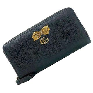 グッチ(Gucci)のグッチ ラウンドファスナー 長財布 ブラック シルバー GG マーモント リボン 524291 財布 レザー GP 中古 GUCCI ファスナー グレインレザー ロングウォレット 黒 定番 人気 シンプル ゴールド金具 レディース(財布)