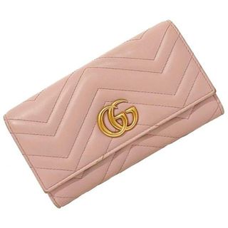 グッチ(Gucci)のグッチ 二つ折り 長財布 ピンク ゴールド GG マーモント 443436 財布 レザー GP 中古 GUCCI フラップ ステッチ ホック ロング ウォレット ロゴ 金具 キルティング ワンポイント レディース 定番 人気 小銭入れ有(財布)