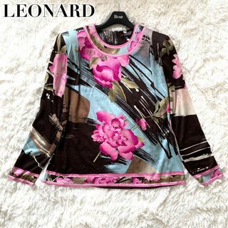 レオナール(LEONARD)の美品✨レオナール シルク トリム トップス 長袖 カットソー 花柄 Lサイズ(カットソー(長袖/七分))