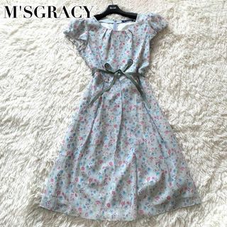 エムズグレイシー(M'S GRACY)の美品✨ エムズグレイシー ワンピース 花柄 リボン ベルト フリル シフォン(ひざ丈ワンピース)