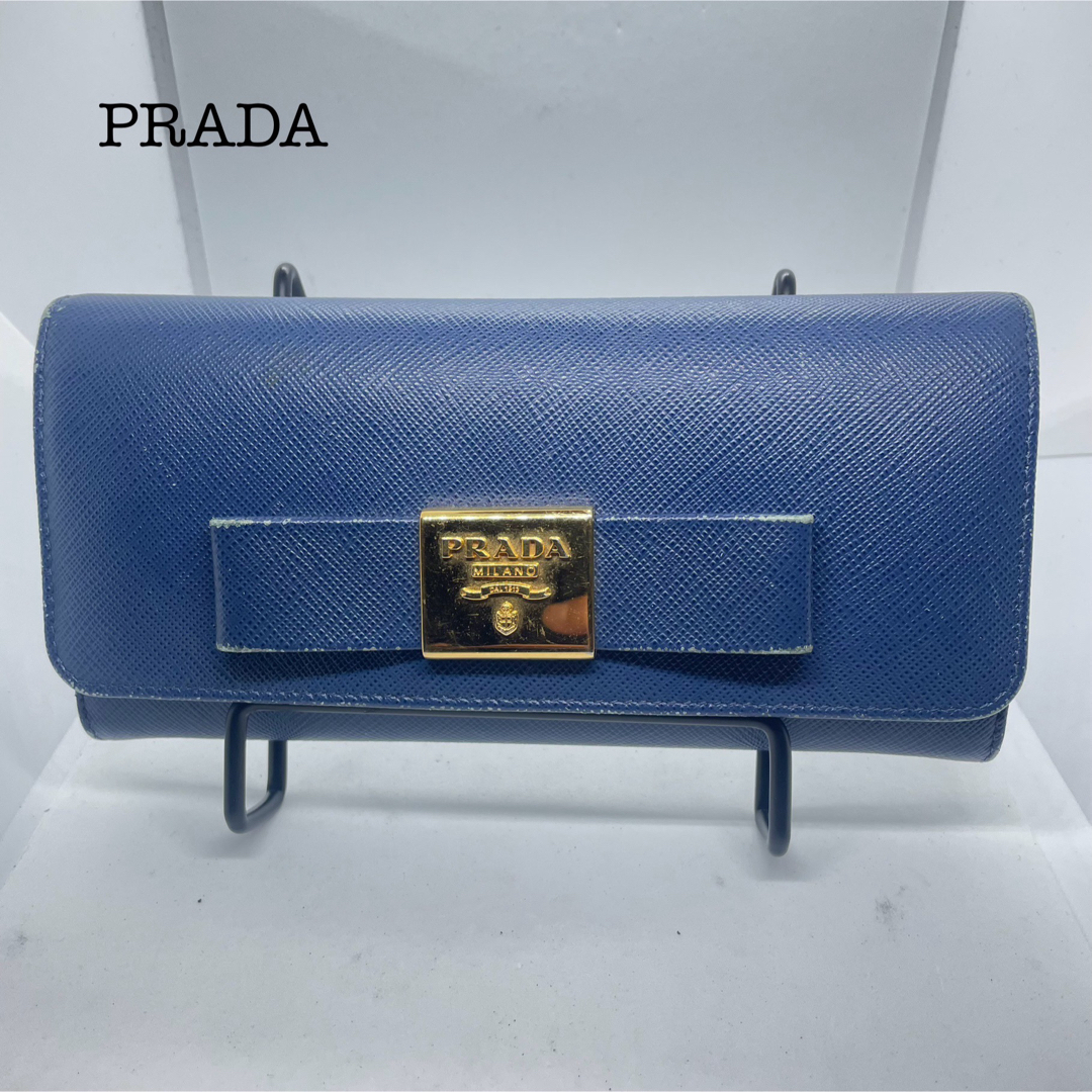PRADA(プラダ)のPRADA プラダ 財布 長財布 青 レディース ブランド レザー リボン 箱付 レディースのファッション小物(財布)の商品写真