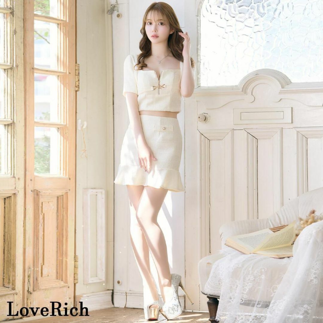 JEWELS(ジュエルズ)の【再入荷】LoveRich 半袖 ツイード ジップ セットアップ M ホワイト レディースのフォーマル/ドレス(ミニドレス)の商品写真
