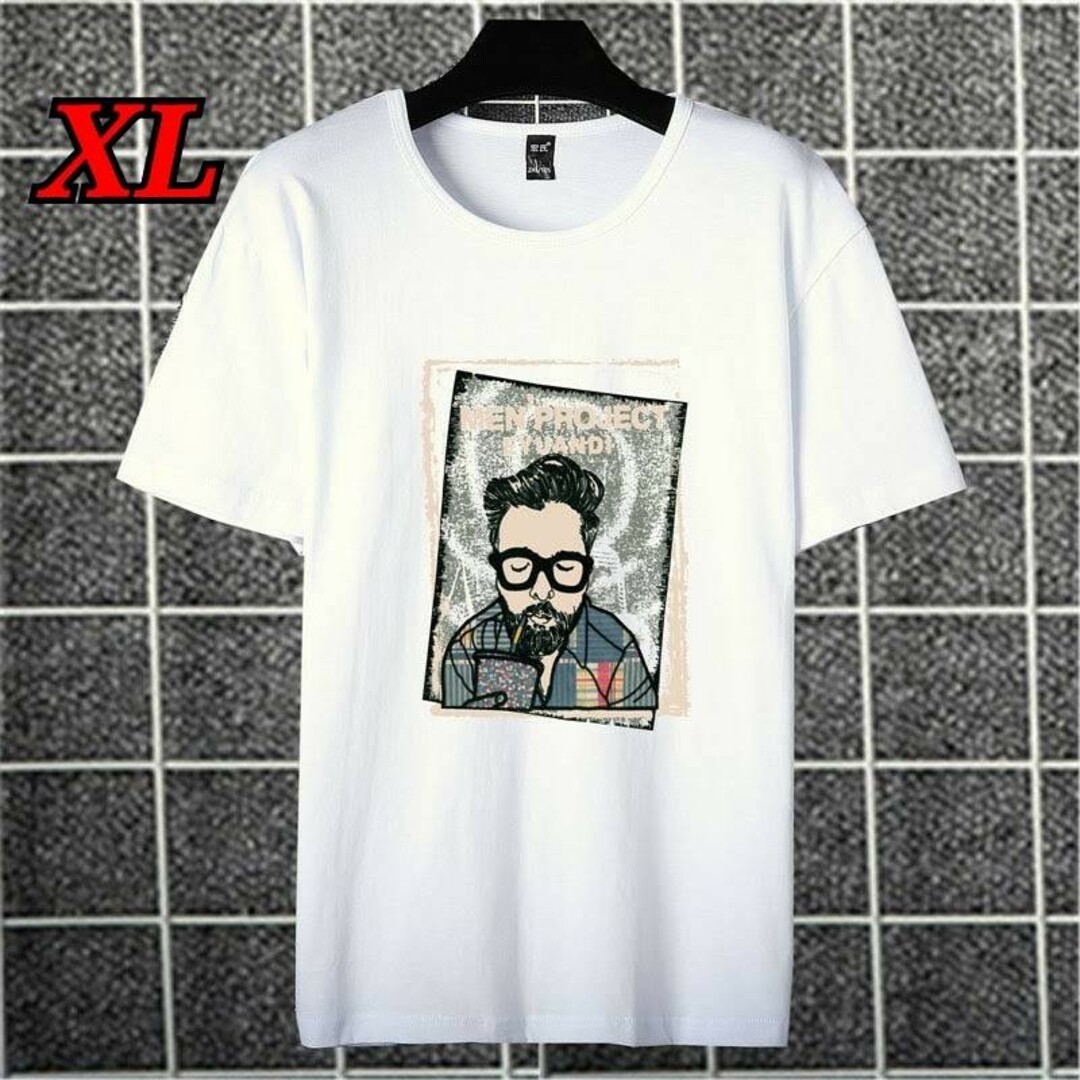 モジャヒゲメガネ (XL白)プリントTシャツ カジュアル 韓国 半袖 メンズのトップス(Tシャツ/カットソー(半袖/袖なし))の商品写真