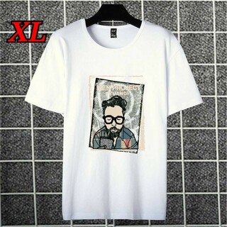モジャヒゲメガネ (XL白)プリントTシャツ カジュアル 韓国 半袖(Tシャツ/カットソー(半袖/袖なし))